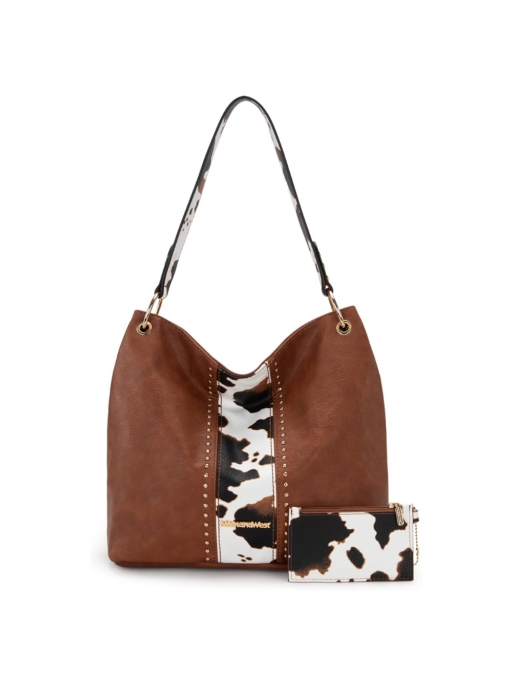 Brown Faux-Leather Hobo Bag with Cow Print Accent